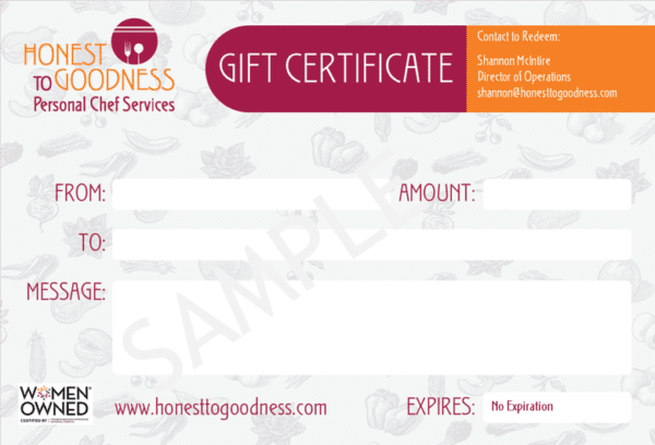 Seattle Personal Chef Gift Certificate Honest to Goodness